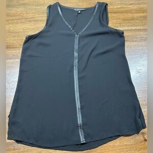 Saks Fifth Avenue Size S VNeck Faux Leather Trim Black Sleeveless Eloquent Top
